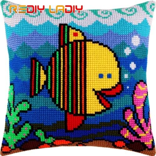 Cross Stitch Cushion Kits Cartoon Fish Pillow Case Pre-Printed Canvas Acrylic Chunky Yarn Needlepoint Cross-stitch Art & Crafts