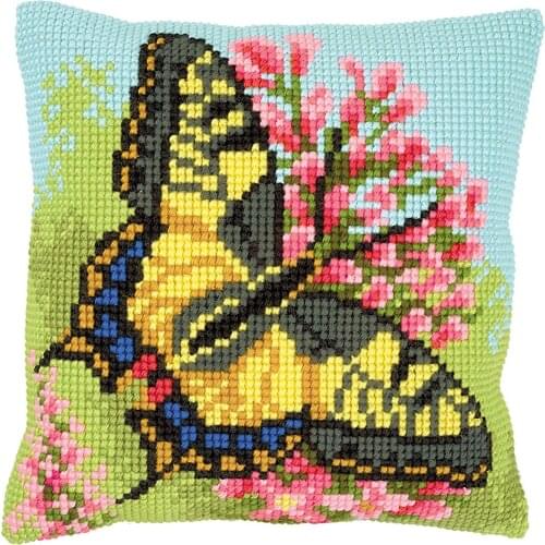 Cross Stitch Cushion Cover Yellow Butterfly Needlepoint Kits Printed Canvas Chunky Yarn Cross-stitch Pillow Case Arts & Crafts