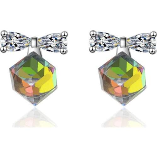 New Beautiful Flash Aurora Cube Crystal 925 Sterling Silver Jewelry Temperament Bow Square Stud Earrings SE764