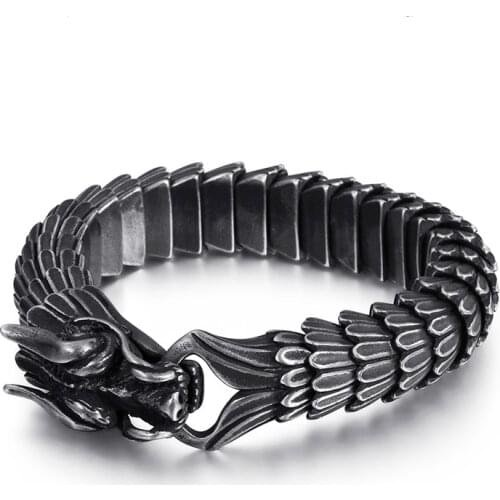 Punk Animal Dragon Charm Bracelet Men Stainless Steel MatteShiny China Dragon Blessing Bracelet Amulet Bangle Jewelry