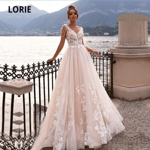 LORIE Beach Wedding Dresses Romantic V-Neck Lace Pearls Tulle A-Line Pink Elegant Wedding Gown Bridal Dress vestidos de verano