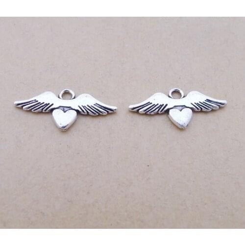 Hot selling 20 pieces/lot 18mm*7mm Antique Silver plated small heart and wing pendant charms for jewelry making