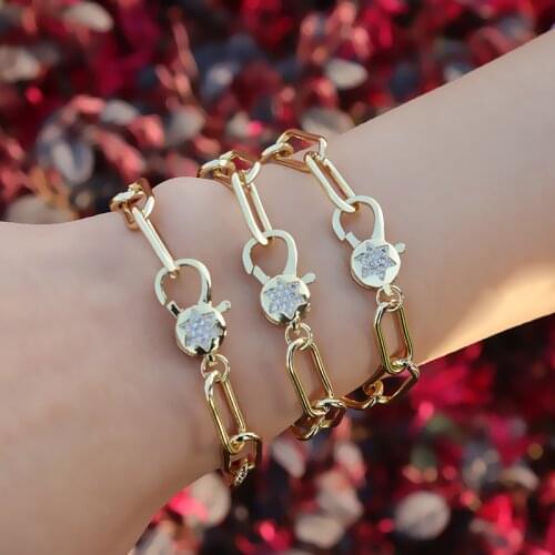 Gold Star Carabiner Link Chain Bracelet Femme Cubic Zirconia CZ Pave Screw Clasp Bracelet Hip Hop Jewelry for Woman Party Gift