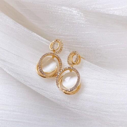 S925 needle jewelry fashionable cats eye circle ring with diamonds new fashionable inlaid geometric earrings jewelry