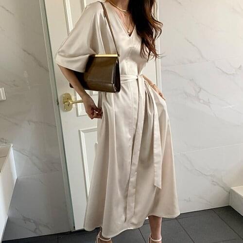 Sannian Women Dress Summer New French Elegant Slim V-neck Luster Sense Tied Waist Five-point Sleeve Dresses Ladies Clothes