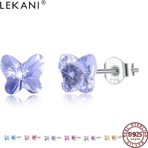 LEKANI 925 Sterling Silver Butterfly-Shaped Stud Earrings For Women Romantic Seven Colors Austria Crystal Wedding Earring