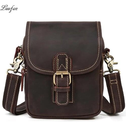 Luufan Genuine Leather Waist Bag For Men Cow Leather Small Messenger Bag Male Fanny Waist Pack Real Leather Shoulder Bag Brown