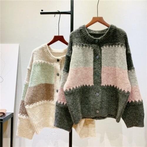 Vintage Cardigan Sweater Women Color Block Soft Sweater Coat Korean Fashion O Neck Sweater Cardigan Spring Autumn Knitwear
