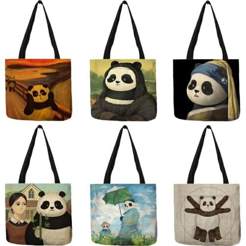 Funny Spoof Famous Painting Panda Pattern Large Shopping Shopper Bag For Groceries Graphic Tote Women Shoulder Bags Large