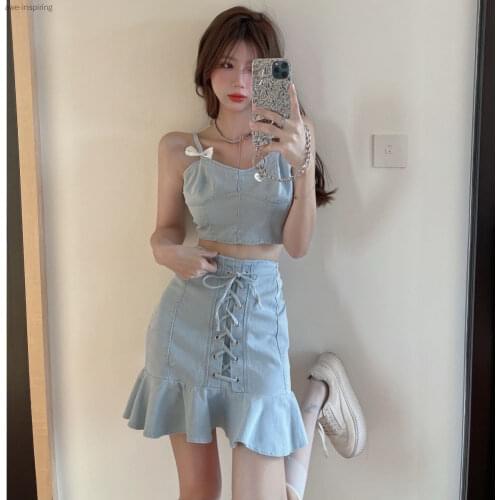 2021 Summer New Bow Short Short Umbilical Small Camisole High Waist Fishtail Half-length Skirt Two-piece Female