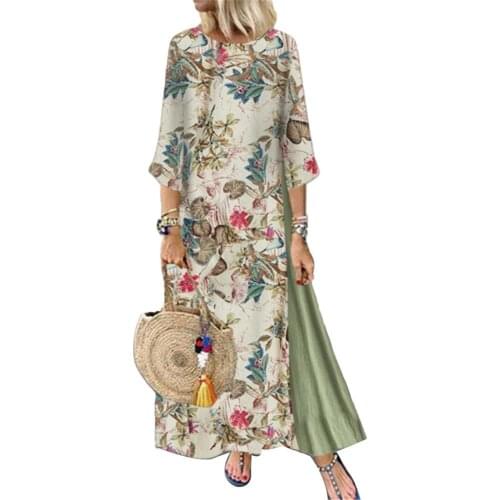 Plus Size Women Summer Dress 3/4 Sleeve O Neck Floral Printed Stitching Loose Maxi Dress robe femme платье летнее женское 2021