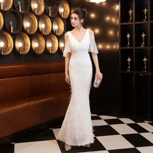 Sexy Sequins Tassel Applique Mermaid Evening Dress Women Back Zipper Formal Gowns Robe De Soiree Cheongsam 3XL