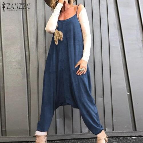 2021 ZANZEA Vintage Womens Summer Jumpsuits Casual Summer Overalls Solid Playsuits Female Drop Crotch Rompers