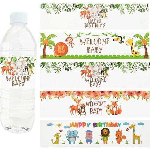 24Pcs Happy Birthday Jungle Safari Water Bottle Label Baby Shower Jungle Water Bottle Stickers Party Kids Decoration Party Favor