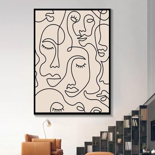 Simplicity Single Line Face Abstract Canvas Painting Woman Face One Line Drawing Print Neutral Poster Wall Pictures Living Room