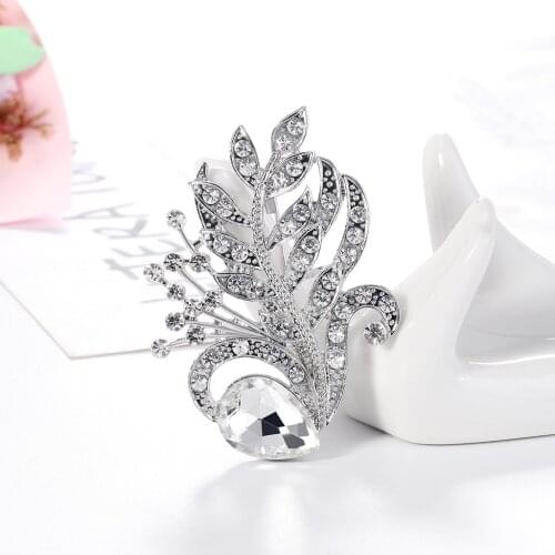 Large Rhinestone Silver Leaf Plant Brooches for Women Enamel Brooch Pins Jewelry Accessorie