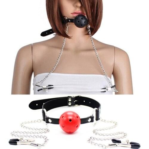 BDSM Mouth Ball Gag for women Nipple Clip Chain Breast Stimulate Plume Gag Oral Fixation Stuffed Adult Games Flirting Sex Toys