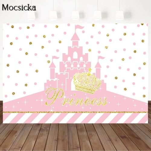 NeoBack Pink princess castle Birthday Party Photography Backdrops Golden crown Birthday Photo Background banner Backdrop