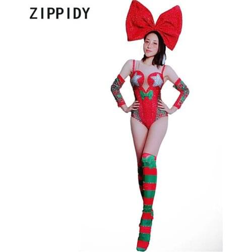 Fashion Red Stones Flashing Bodysuit Spandex Leggings Outfit Women Outfit Stage Nightclub Women Singer Dance Show Wear