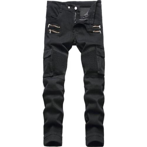 Mens Pockets Cargo Biker Jeans Slim Straight Stretch Denim Pants Zippers Pleated Trousers Black Army Green