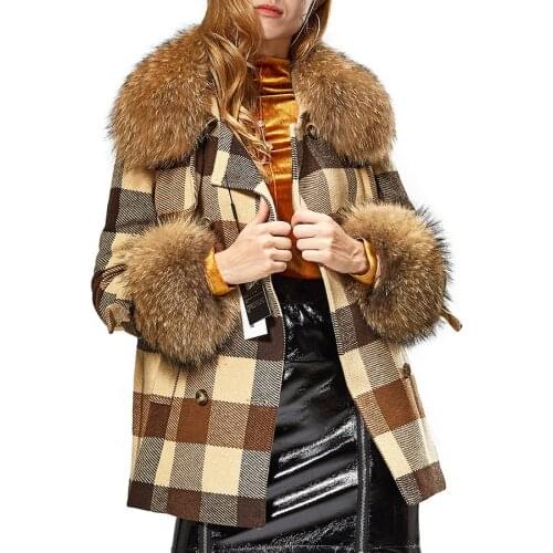 2021 New Natural Real Fur Raccoon Collar Cuffs Plaid Women Jacket Female Woolen Coat Winter Outerwear