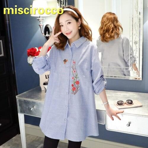 Maternity Clothes Pregnant Women Cotton Shirt Spring Top Embroidered Shirt Pregnancy Stripe Shirt Sleeve Adjustable Big Size