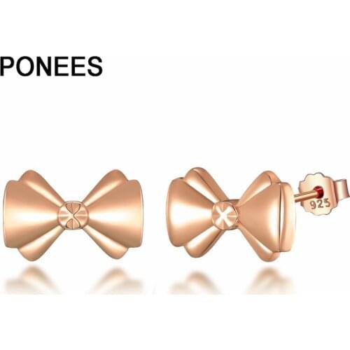 Ponees Simple Bowknot Silver Earrings Real Genuine 925-Sterling-Silver Women Zircon Earrings Gift