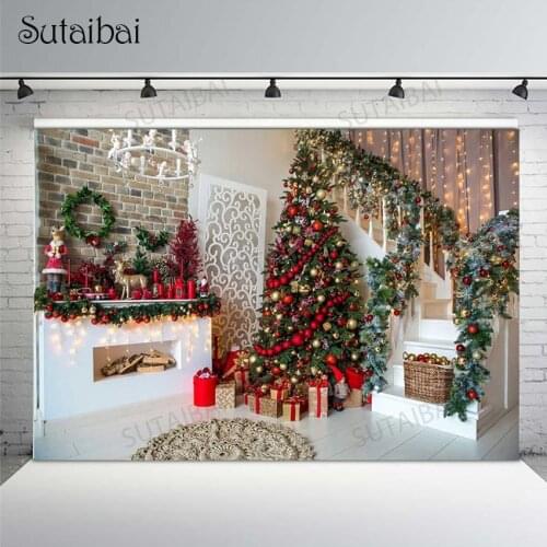 Christmas Photography Backdrop Christmas Tree Stairs Wooden Fireplace Portrait Customized Background Photo Studio Photocall Prop