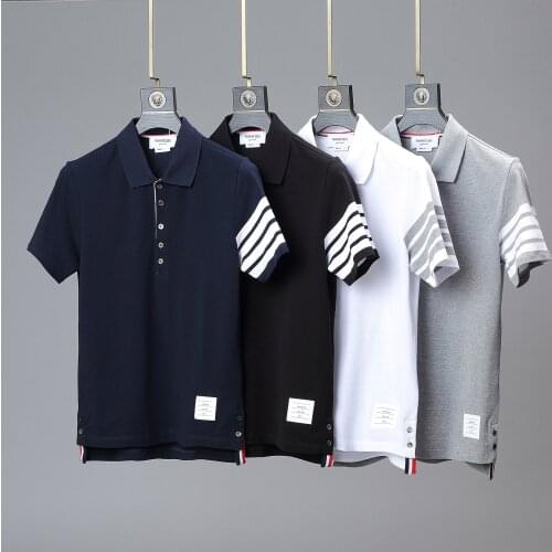 TB THOM Brand Men Polo Shirt Cotton Slim Striped Short Sleeve Korean Design Women Blouse Couple High Quality