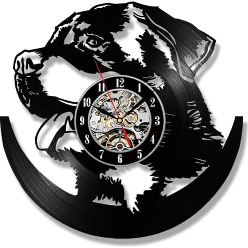 Rottweiler Dog 3D LED Wall Clock Modern Design Vinyl Record Clock Battery Operated 12 Inch Amimal Silhouette Living Room Decor