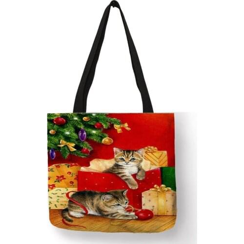 New Femme Sac Noel Women Shoulder Bag Cute Christmas Cat Prints Eco Linen Reusable Pretty Tote Bags School Travel Use