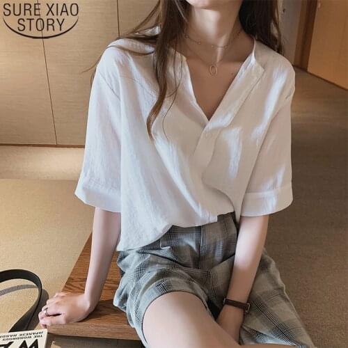 New Summer White Shirt Women Fashion Tops Female Short Sleeve Plus Size Clothing Loose M-4XL Casual V Neck Clothes Blusas 13517