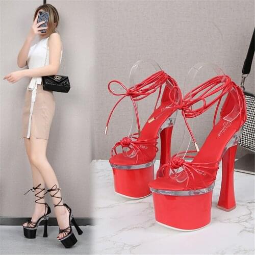 New 2021 Sexy Stripper Women Shoes Summer Platform Lace Up Sandals 17CM High Heels Female Stiletto Cross Straps Red White Black