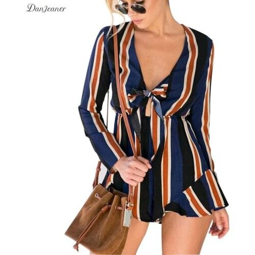 Danjeaner Elegant Sexy V-neck Ruffles Bow Striped Women Jumpsuit Romper Long Sleeve Party Overalls Fashion Club Short Playsuits