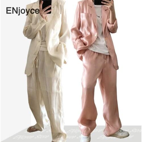 Women Korean Chic Rayon Silk Satin Thin Blazer and Pants Suit Sets Long Sleeve Office Wear Coats Summer Retro Pink Suits Clothes