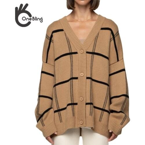 OneBling Za Woman 2021 Plaid Traf Knitted Cardigan Sweater Women Lantern Sleeve Casual Loose Jumper Autumn Winter V Neck