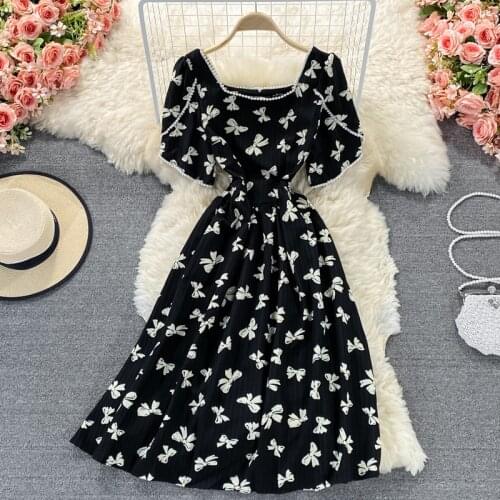 Summer new style print waist Dress Square collar temperament age reduction Korean version woman dress Puff sleeve dresses 2021