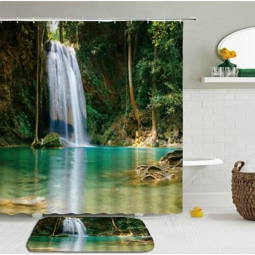 3D Natural Forest Green Plants Shower Curtain Set Mat Bath Curtains Waterproof Cloth + Non-slip Mat Toilet Bathroom 2pcs/set