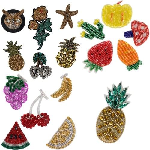 Pineapple Cherry Rhinestones Crystal Star Bead Sequin Flower Patch Applique Sew on Clothes Shoes Bag Decoration Fruit Badge