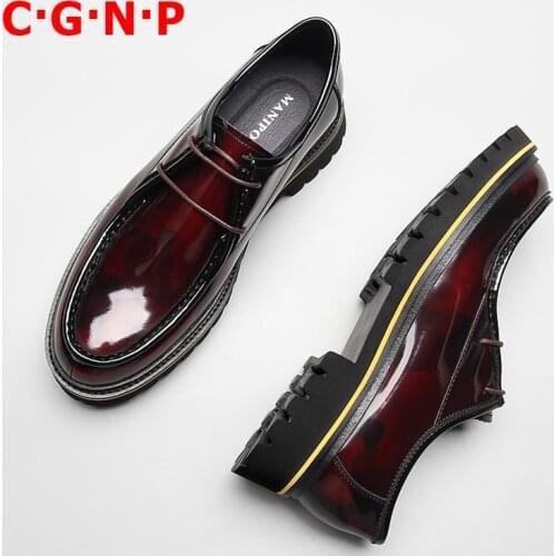 C·G·N·P Free Shipping Lace-up Thick Soles Patent Leather Shoes Men Dress Shoes Handmade Luxury Derby Casual Shoes