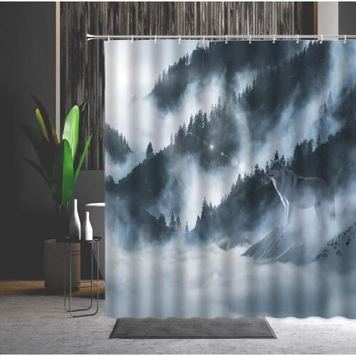 Scenery Shower Curtain Chinese-Style Fog-Mountain Wolf Animal Machine Washable Bathroom Decor Set With Hooks Bath Cloth Curtain