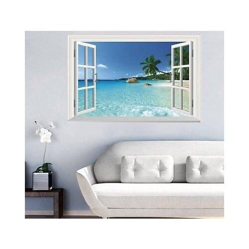Eco-friendly Waterproof 60X90CM 3D Beach Window Seascape Wall Sticker Waterproof Art Mural Decal Home Room Decor