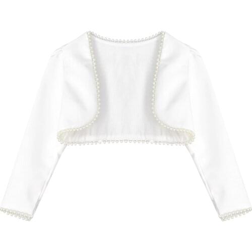Baby Girls White Satin Bolero Elegant Princess Short Cape Jacket Pearl Trim Cardigan Wedding Party Dress Shawl Children Clothing