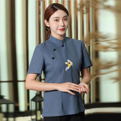 Chinese Housekeeping Uniform Restaurant Hotel Uniform Short Sleeve Workwear Women Cleaning Overalls Waiter Jacket AS349