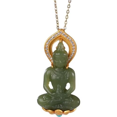 S925 sterling silver gold plated Natural Hetian jade Gray jade Pendant Retro Ancient buddha Buddha Sweater chain Pendant