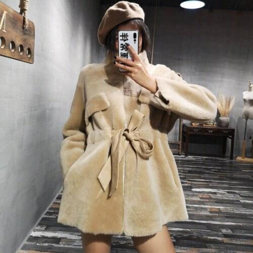OFTBUY 2020 Double-faced Fur Coat Winter Jacket Women Real Merino Sheep Fur Genuine Leather Belt Thick Warm Streetwear Outerwear