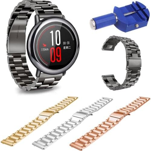 22mm 3-Beads Metal Links Bracelet For Xiaomi Huami Amazfit A1602 Band 316L Stainless Steel Watch Strap with Pins & Adjuster Tool