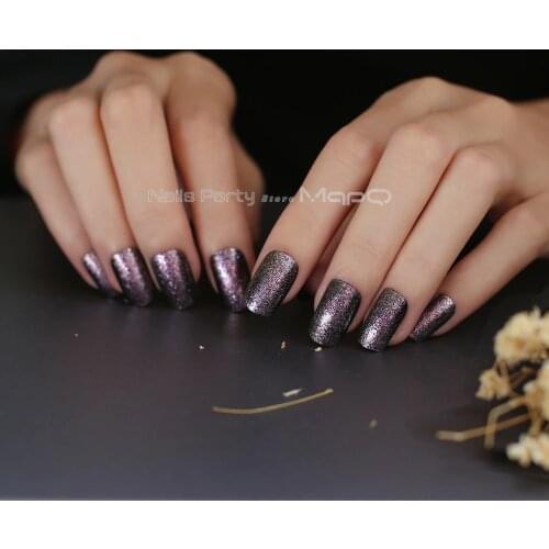 Press on nails with Adhesive long square Purple yellow light 24pcs full set false nails luxurious dinner party fake nails