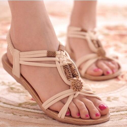 New Womens Beach Sandals Summer Shoes Mid Heel Fashion Herringbone Beaded Sandals Flip-flop Flat Bohemia Outdoor Shoes Female