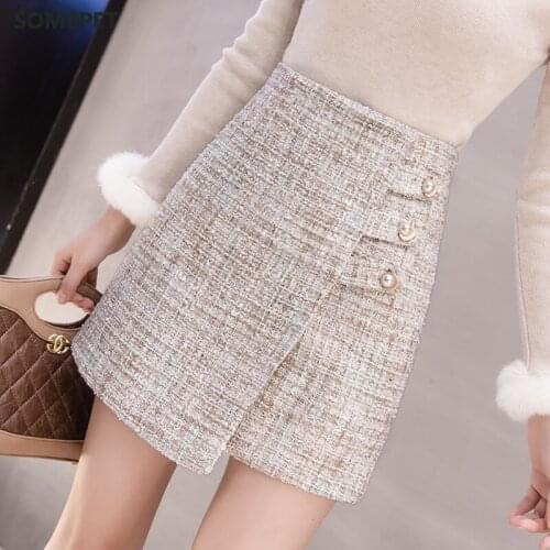 Fall Winter Button Front wool Tweed mini wrap skirts womens 2021 black Thick short high waisted a line Skirts miniskirt